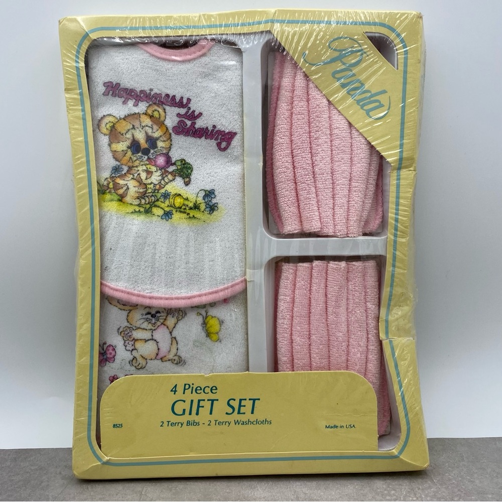 Vintage Panda Baby Gift Set 2 Bibs Terry Towels Cat Bunny Baby Shower Gifts NOS